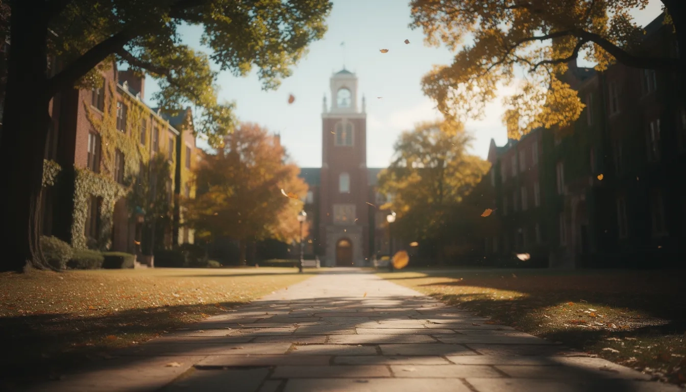 Sunlit college quad with autumn trees and brick buildings