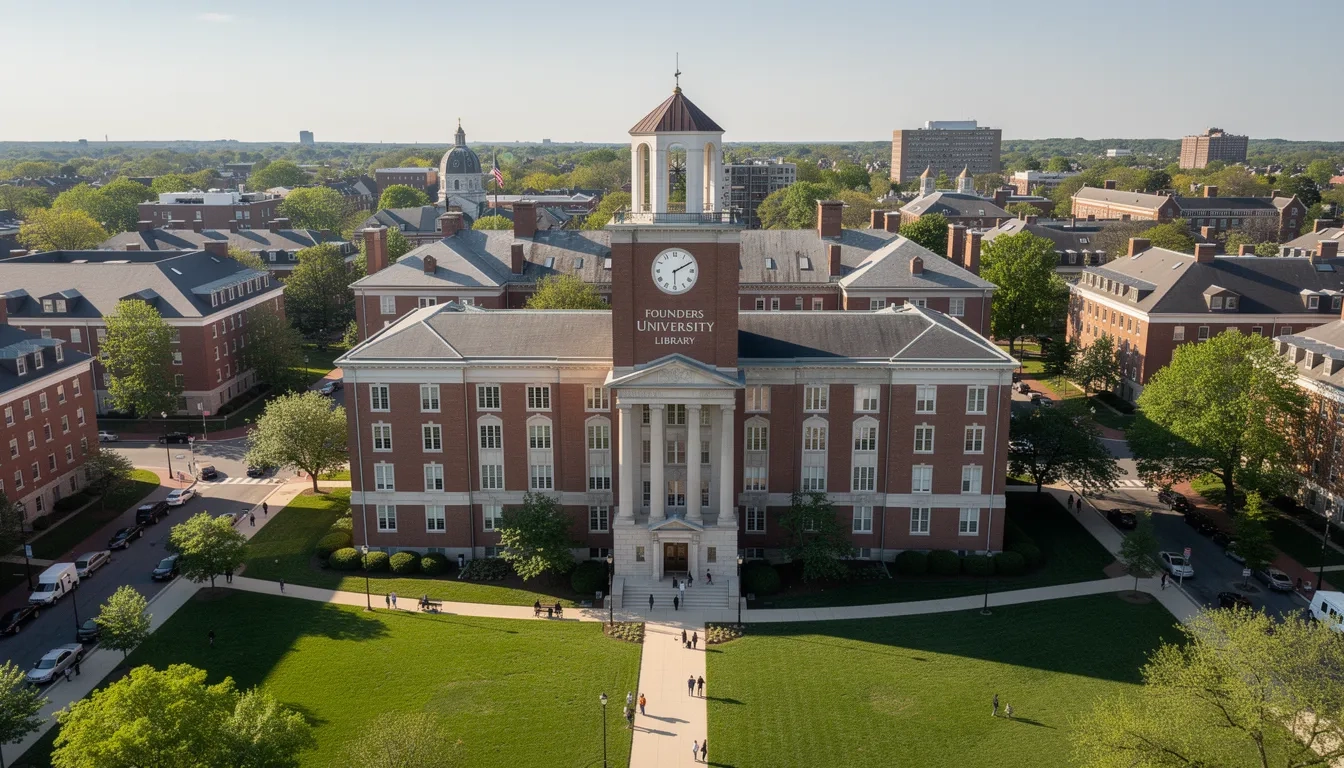 Aerial view of Howard University campus with Founders Library clock tower