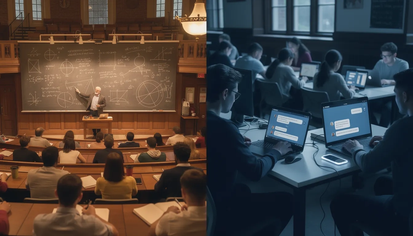 Harvard students in a traditional lecture hall compared to students using AI tutoring on laptops