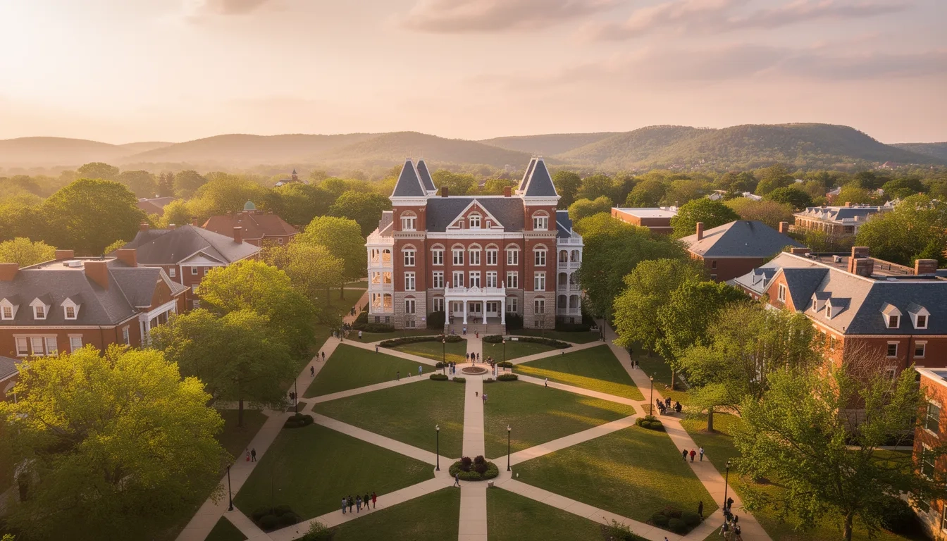 University of Arkansas campus aerial view with Old Main building