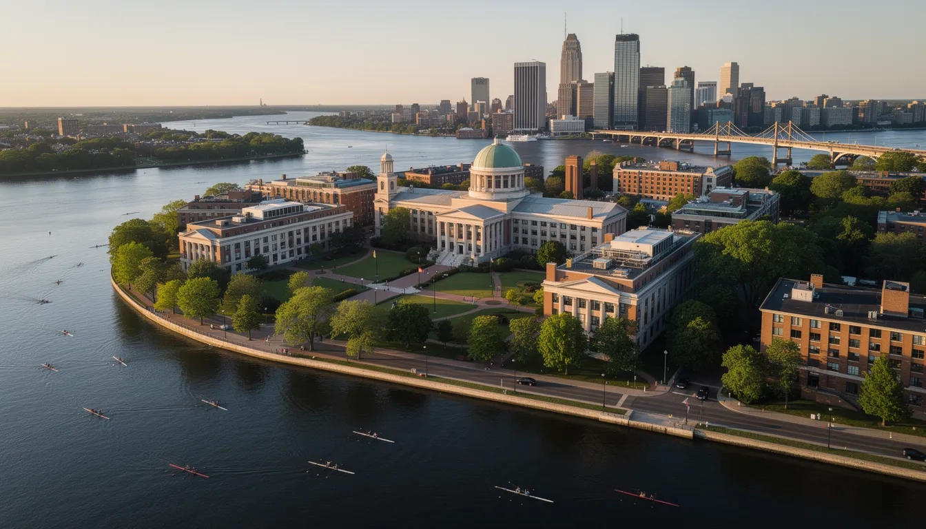 Aerial view of MIT campus along the Charles River with the Great Dome and Boston skyline