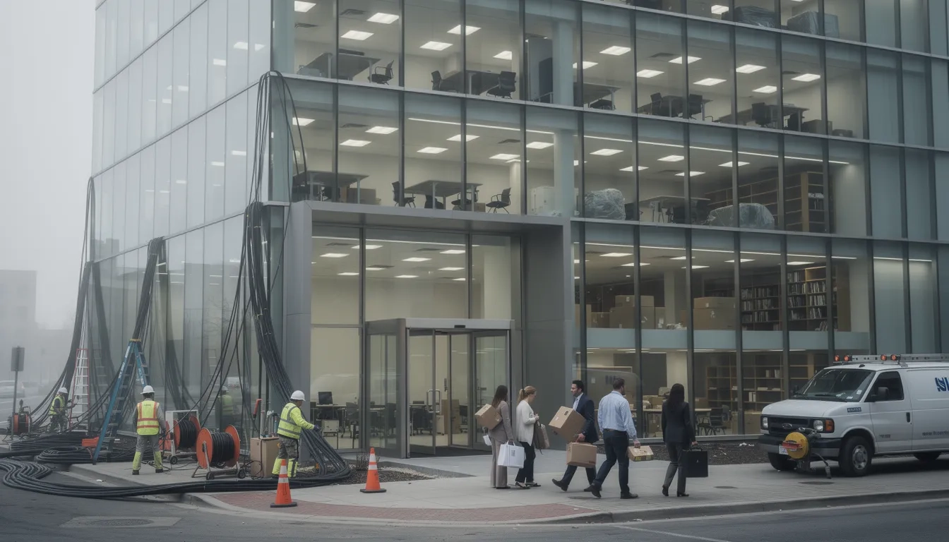 Telecom office restructuring with workers leaving and fiber installation crews in background
