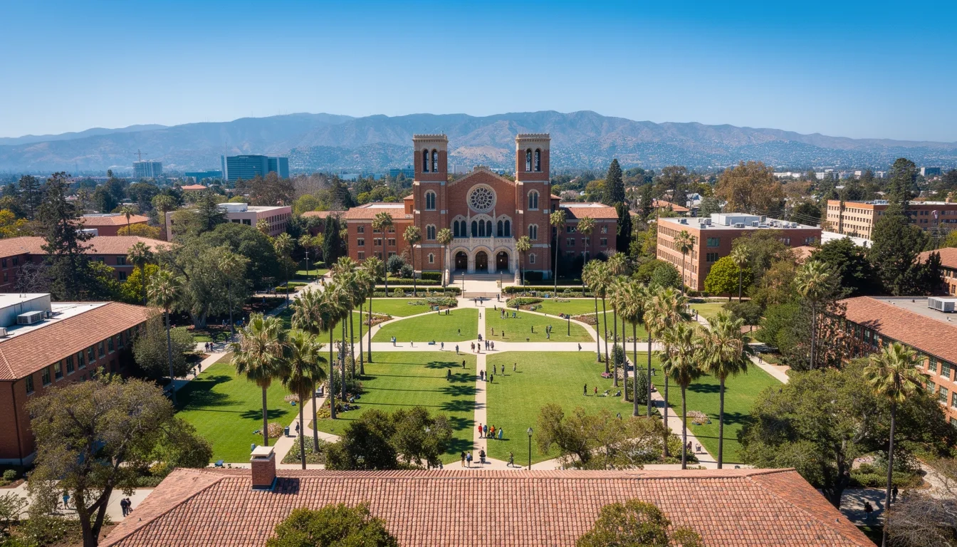 Aerial view of UCLA's Westwood campus showing Royce Hall and Powell Library