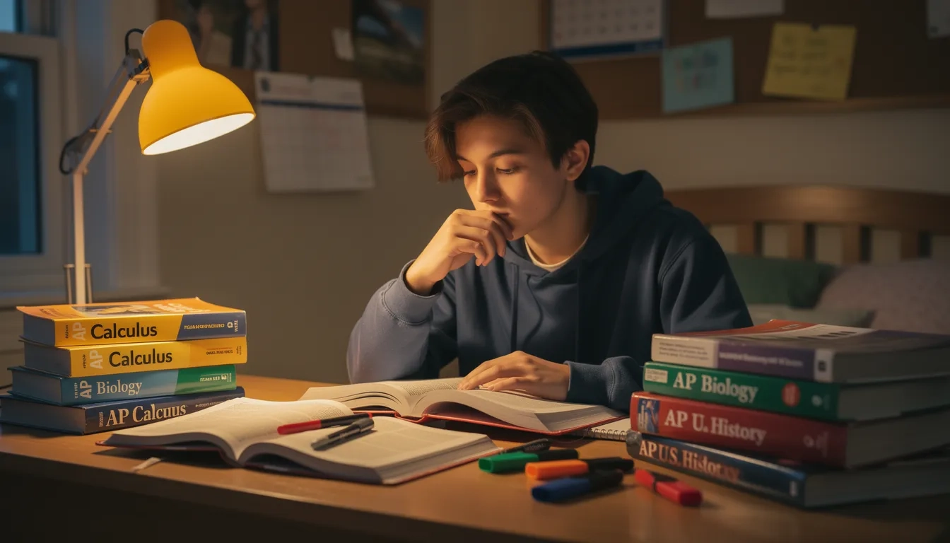 High school student studying surrounded by AP exam books