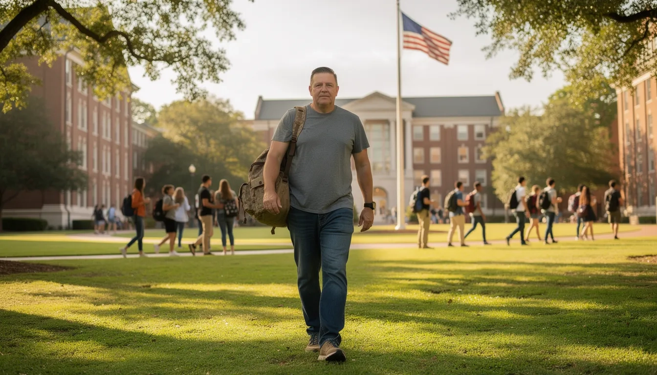 Veteran walking across a college campus