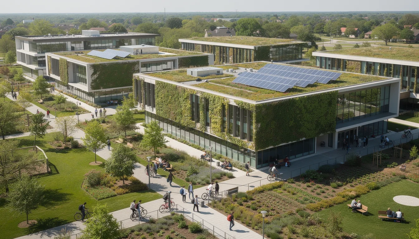 Aerial view of a sustainable university campus with green roofs and solar panels