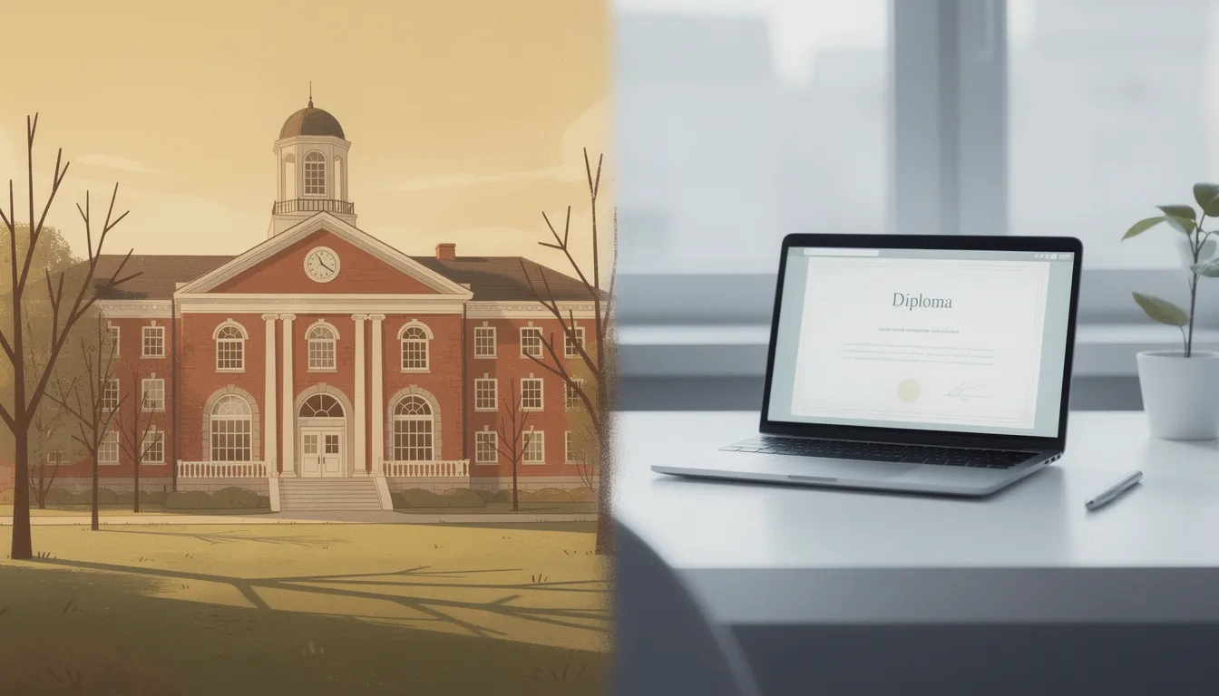 Traditional university campus building beside a laptop representing online education