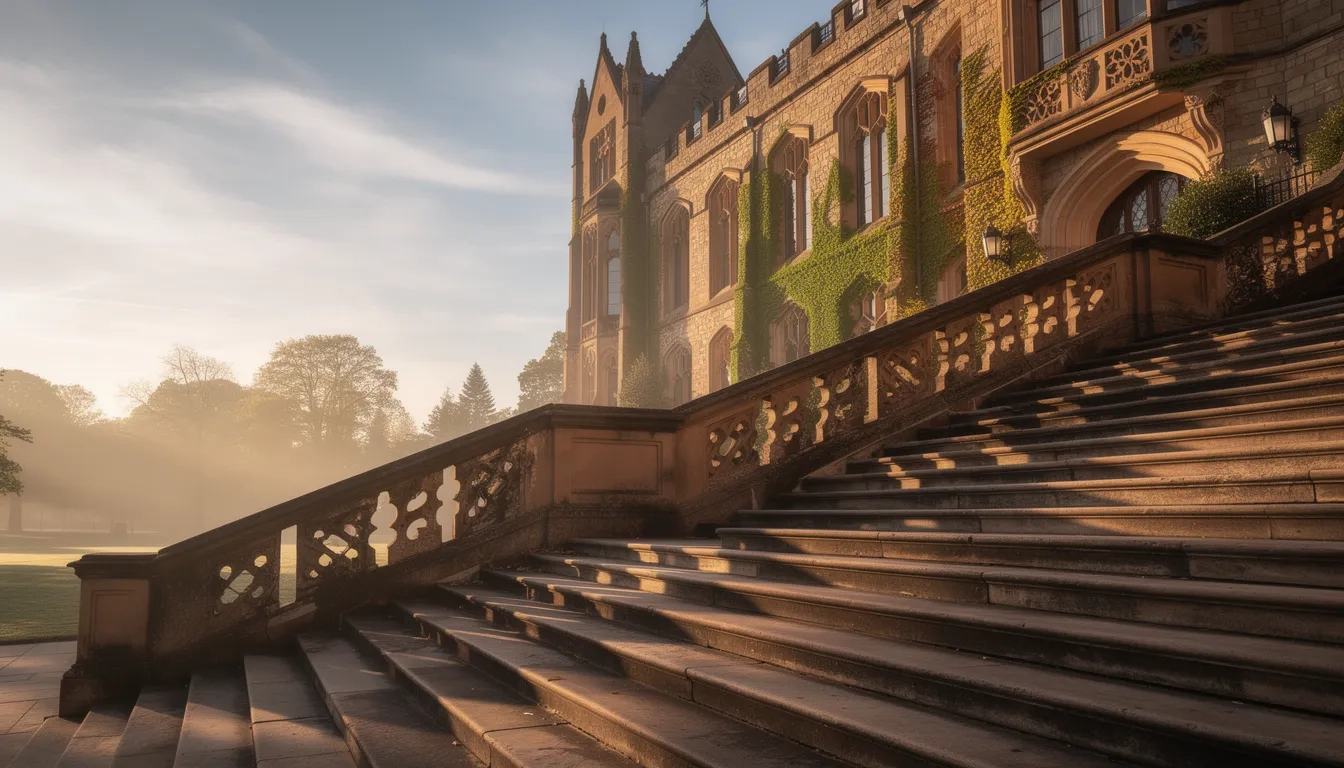 Sunlit stone staircase leading up to a university building, symbolizing upward mobility
