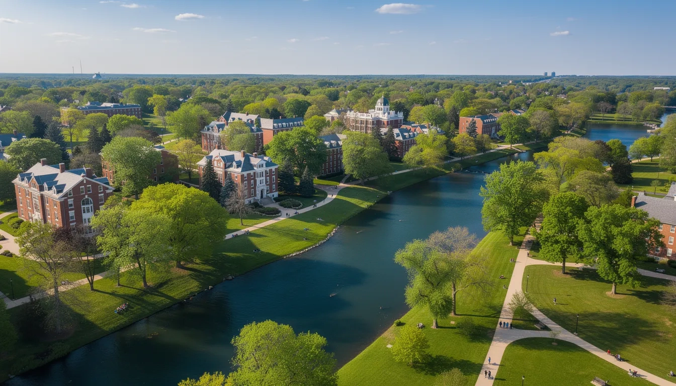 Aerial view of Michigan State University campus with the Red Cedar River