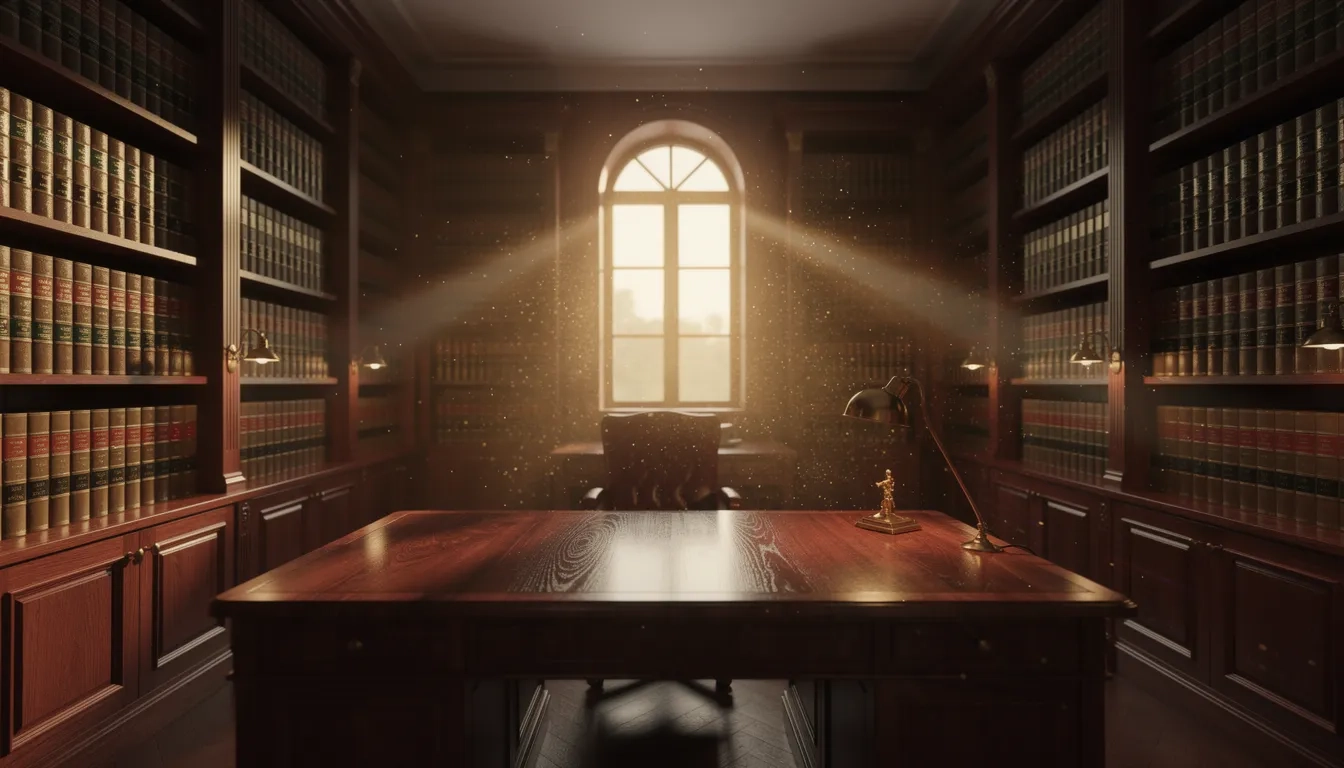 Sunlit law office library with wooden shelves and leather-bound books