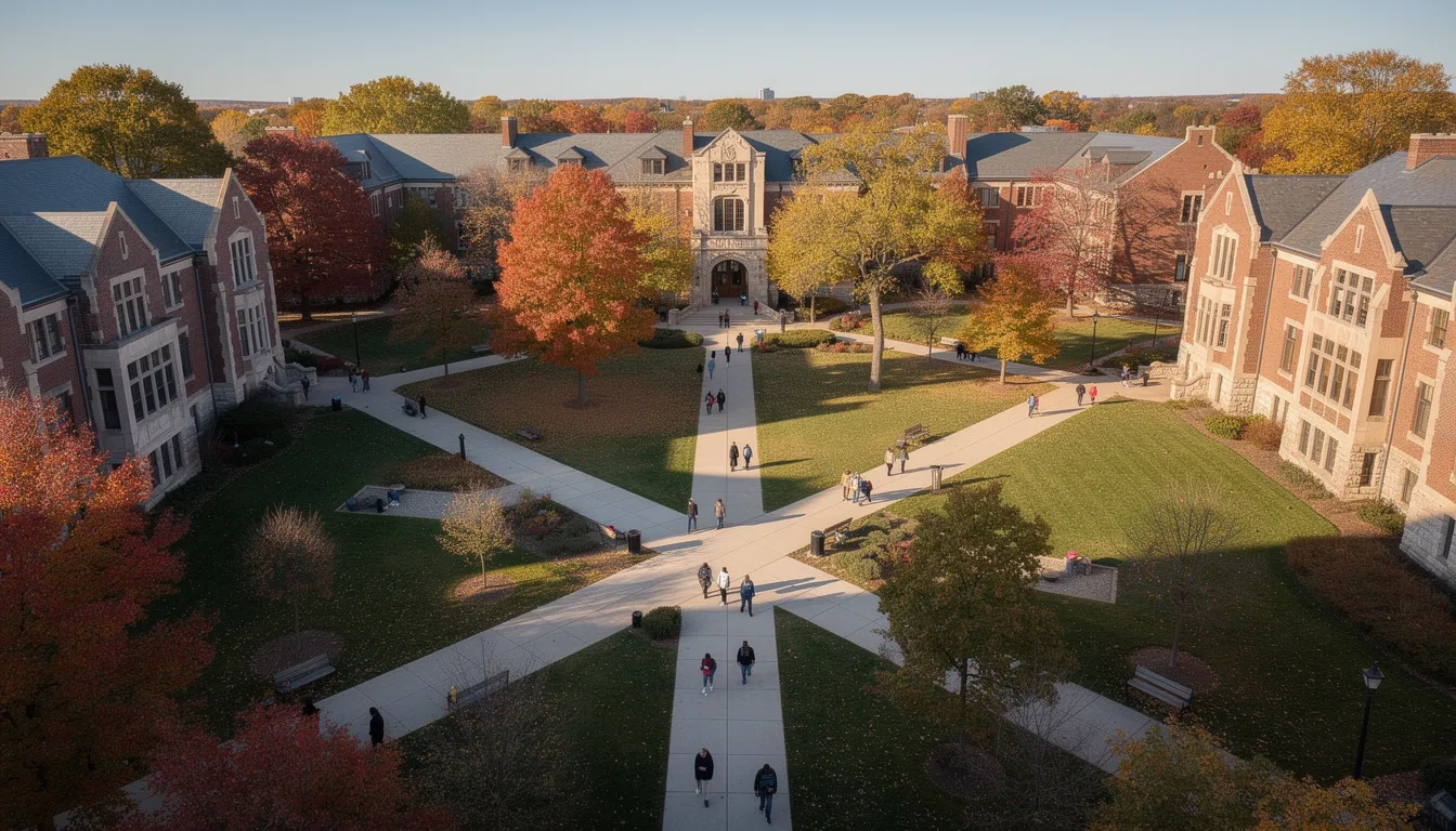 Aerial view of University of Michigan's central campus and the Diag