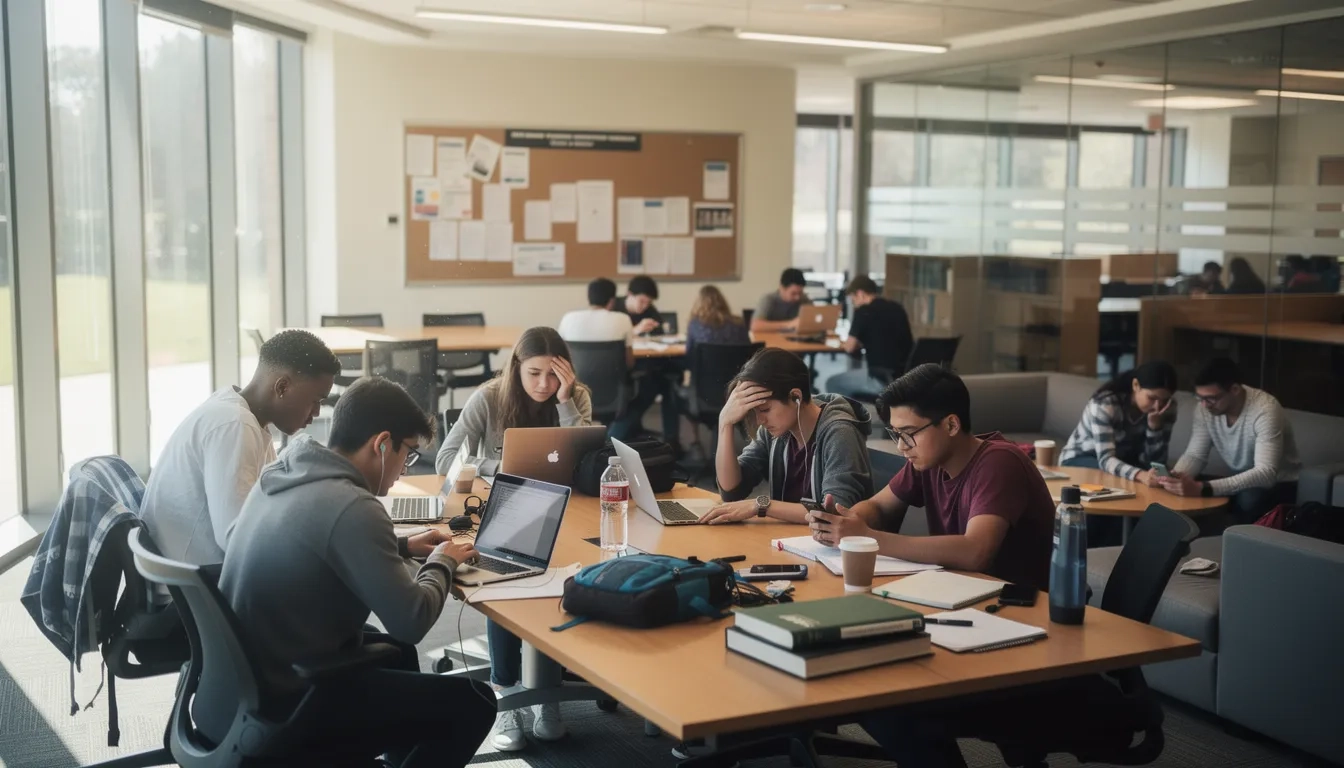 College students studying and socializing on a university campus