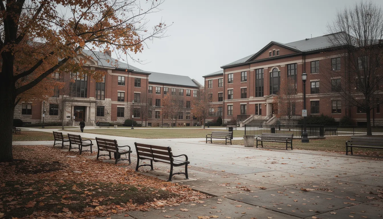 Empty college campus with overgrown pathways and closed buildings symbolizing the enrollment cliff