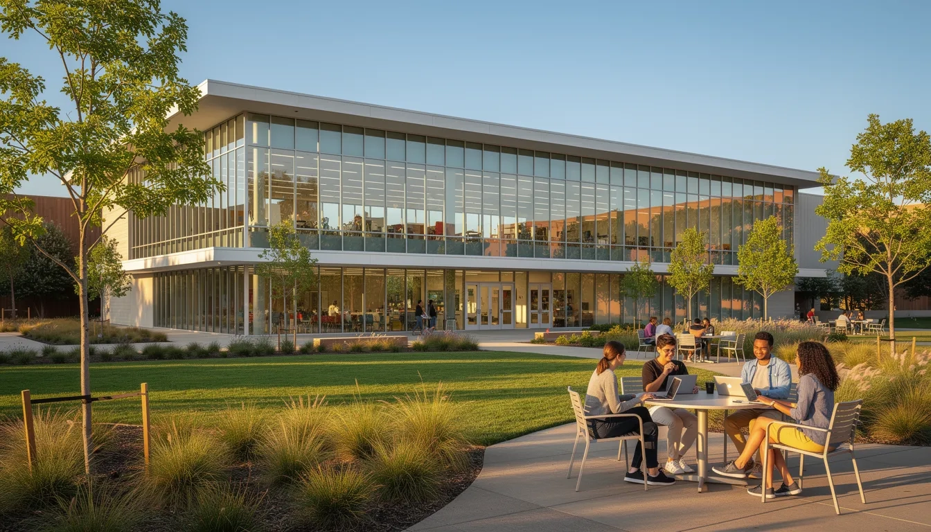 Students studying outside a modern STEM building on a sunny California campus