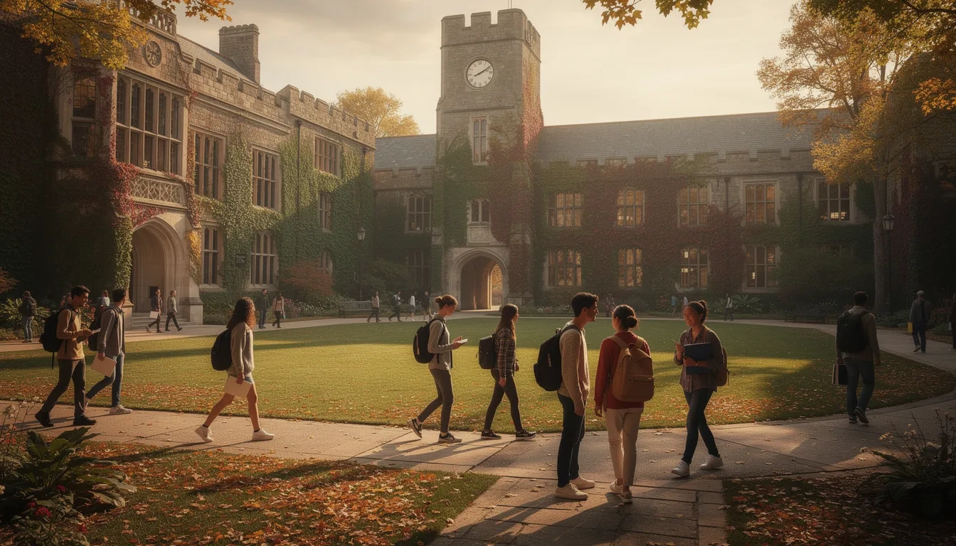 University campus quad with students walking between academic buildings
