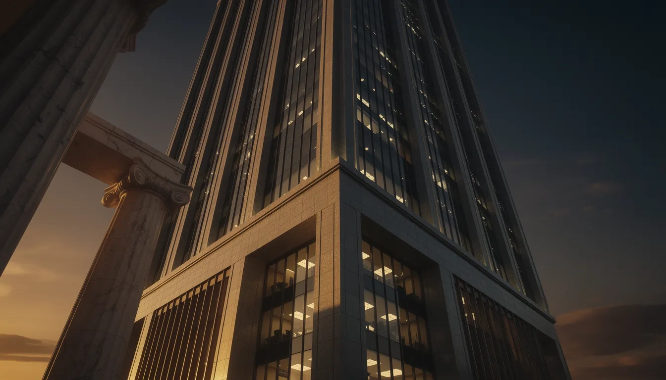 Glass financial tower beside a marble university column at dusk, symbolizing university endowments