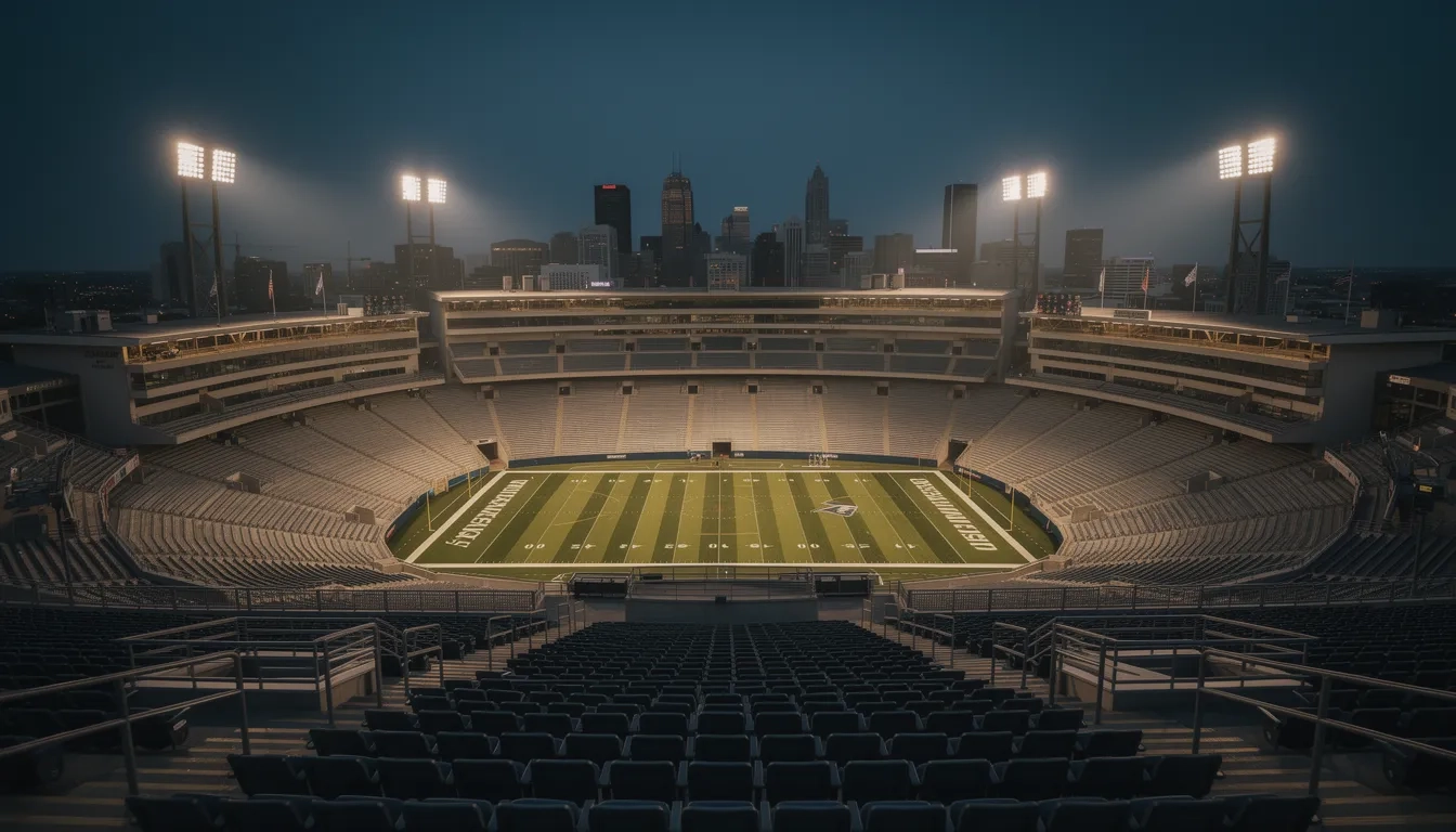 Empty college football stadium at dusk symbolizing the business of college athletics