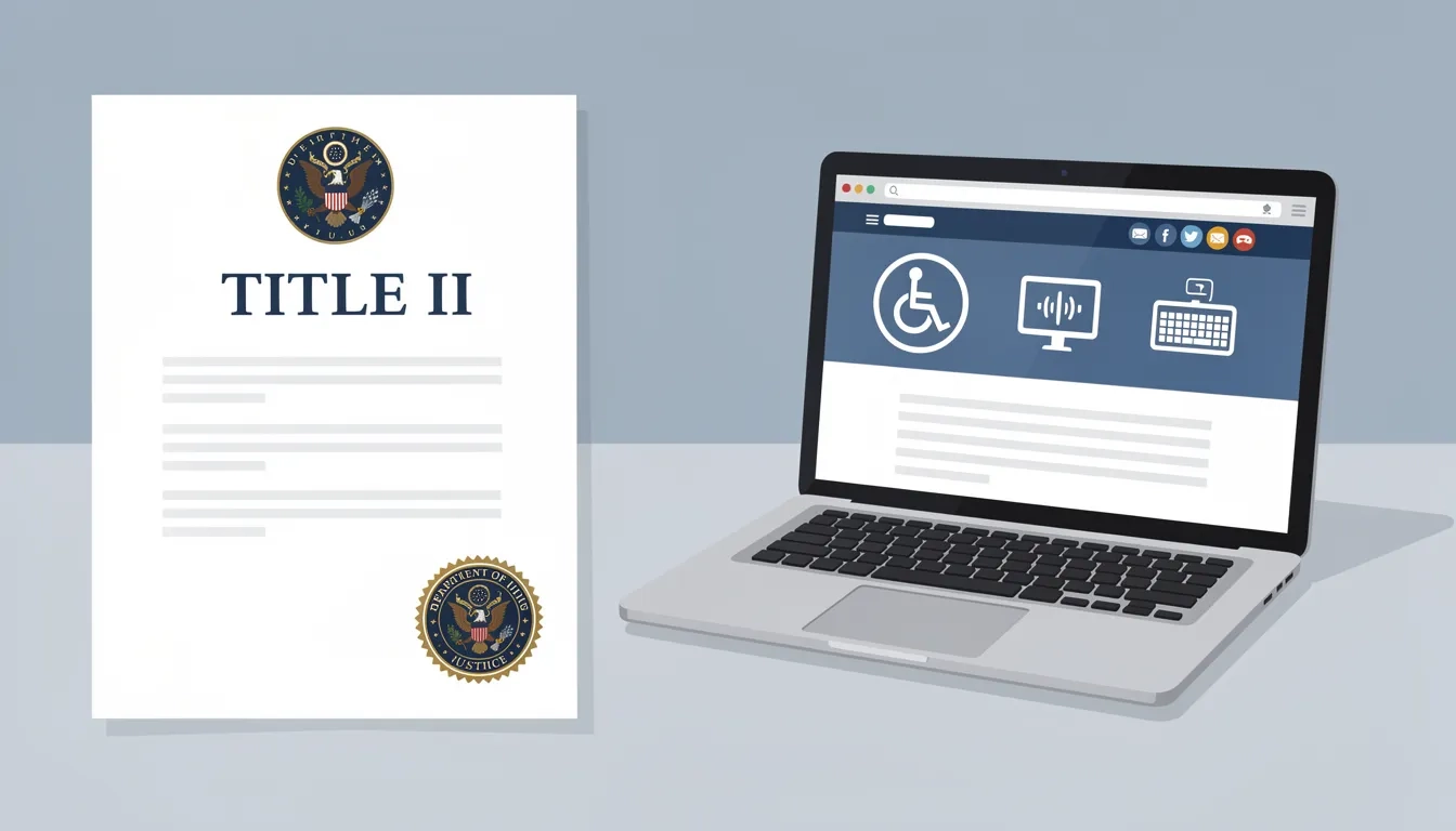 Illustration of the DOJ Title II digital accessibility ruling alongside a laptop showing an accessible website interface