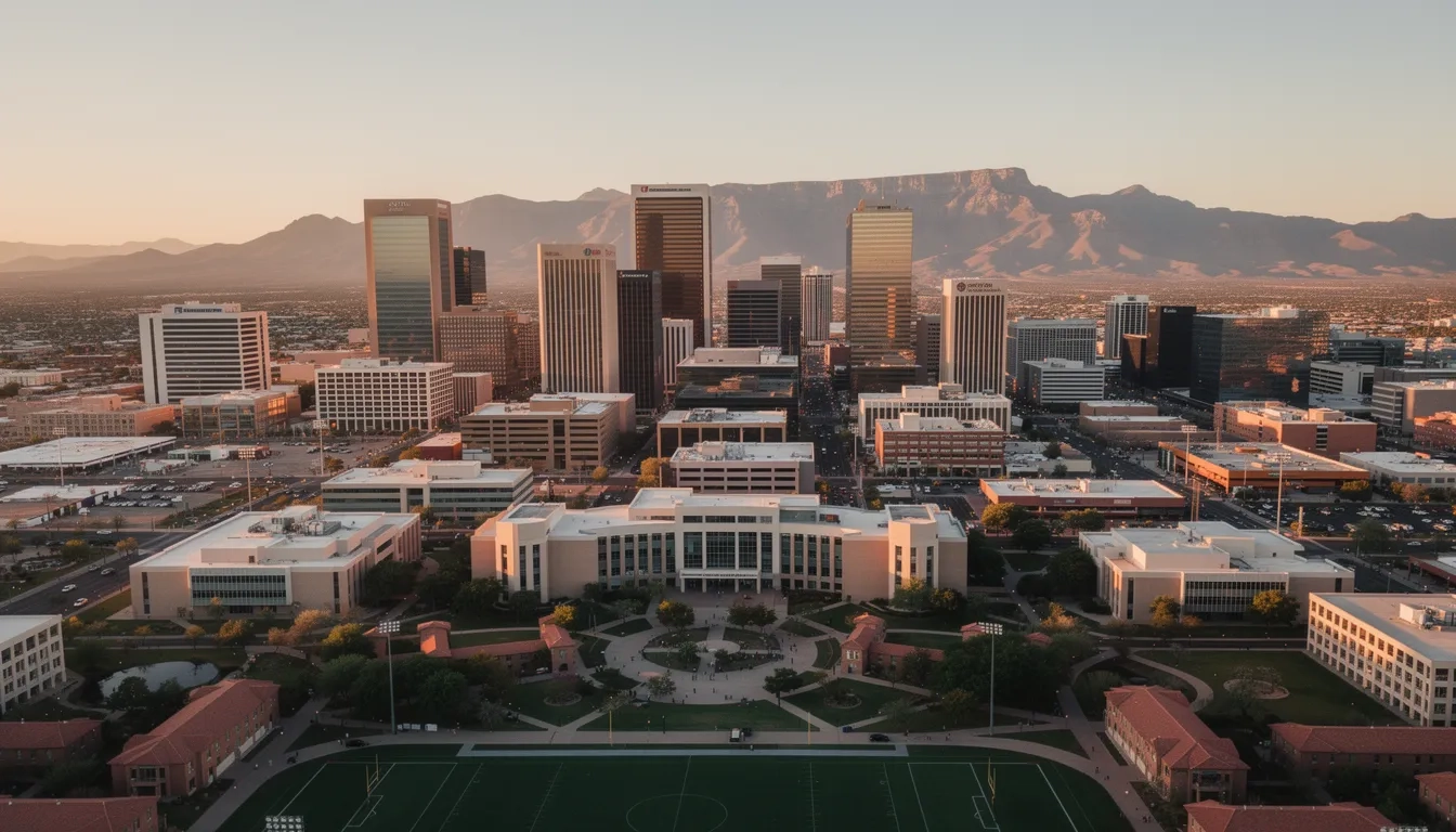 Arizona skyline with university campus at sunset