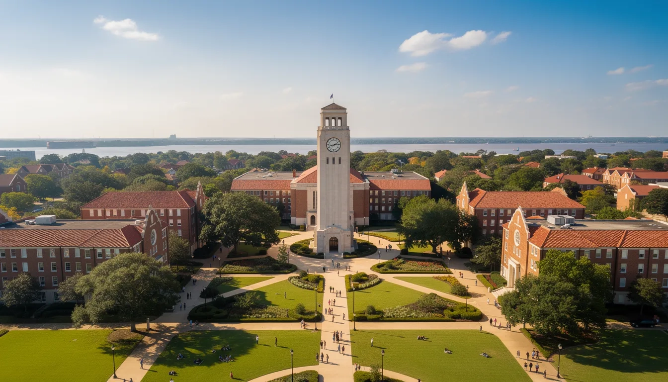 Aerial view of LSU's main campus featuring Memorial Tower and oak-lined walkways
