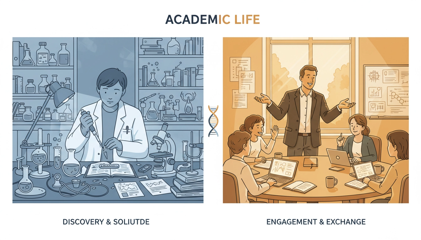 Split image contrasting a research lab setting with an intimate classroom teaching environment