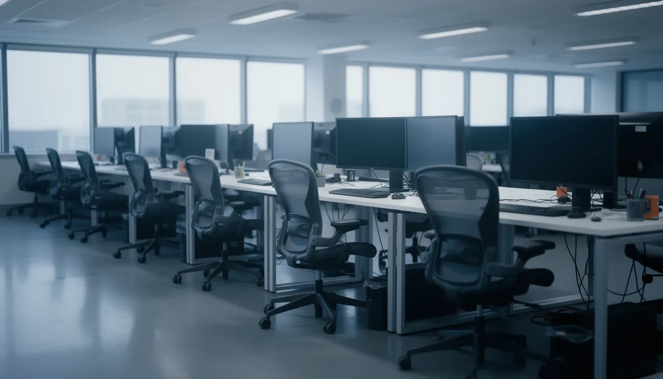 Empty tech office with rows of vacant desks symbolizing mass layoffs in the software industry