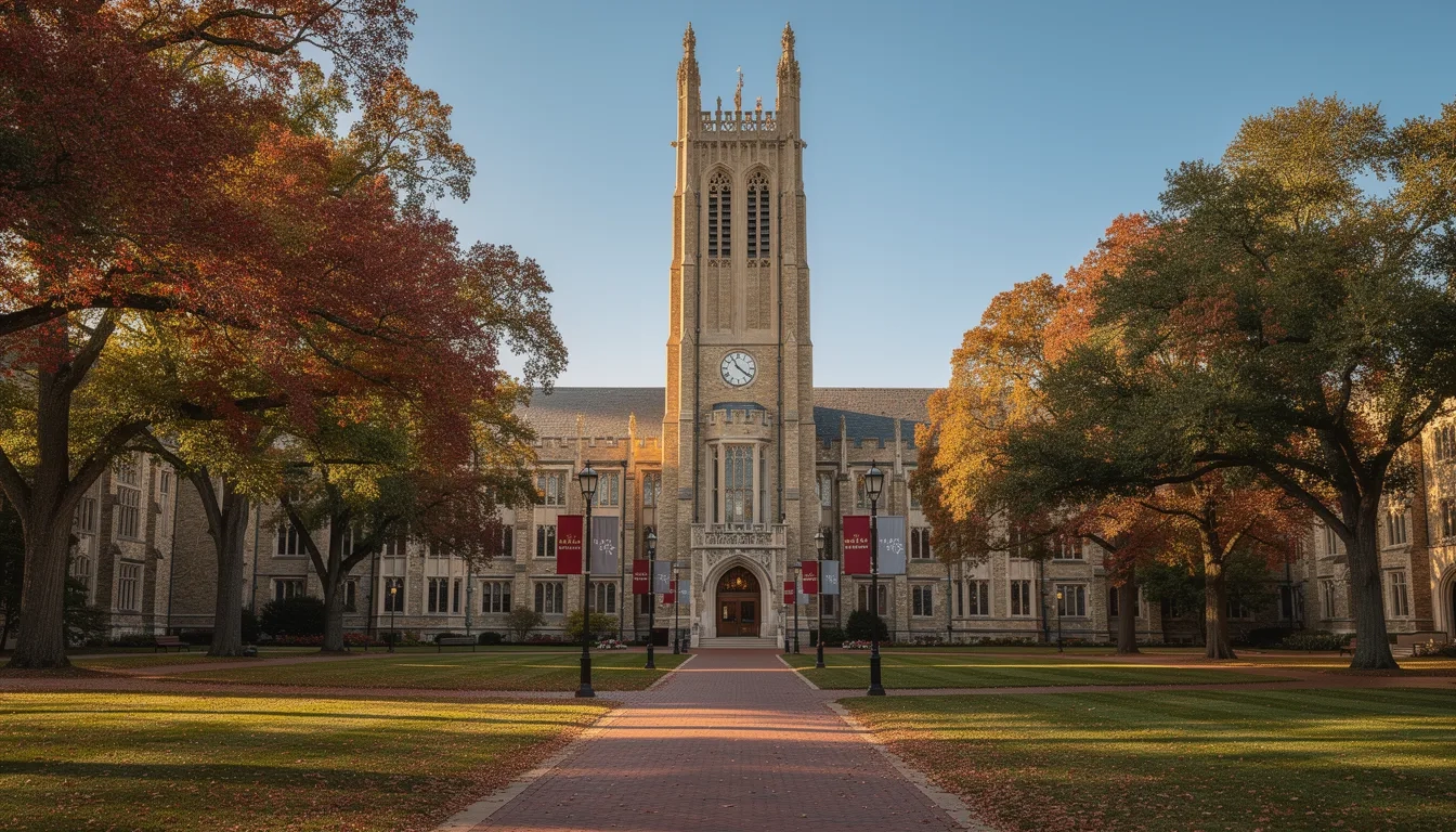 Grand university clock tower building surrounded by autumn trees on a college campus quad