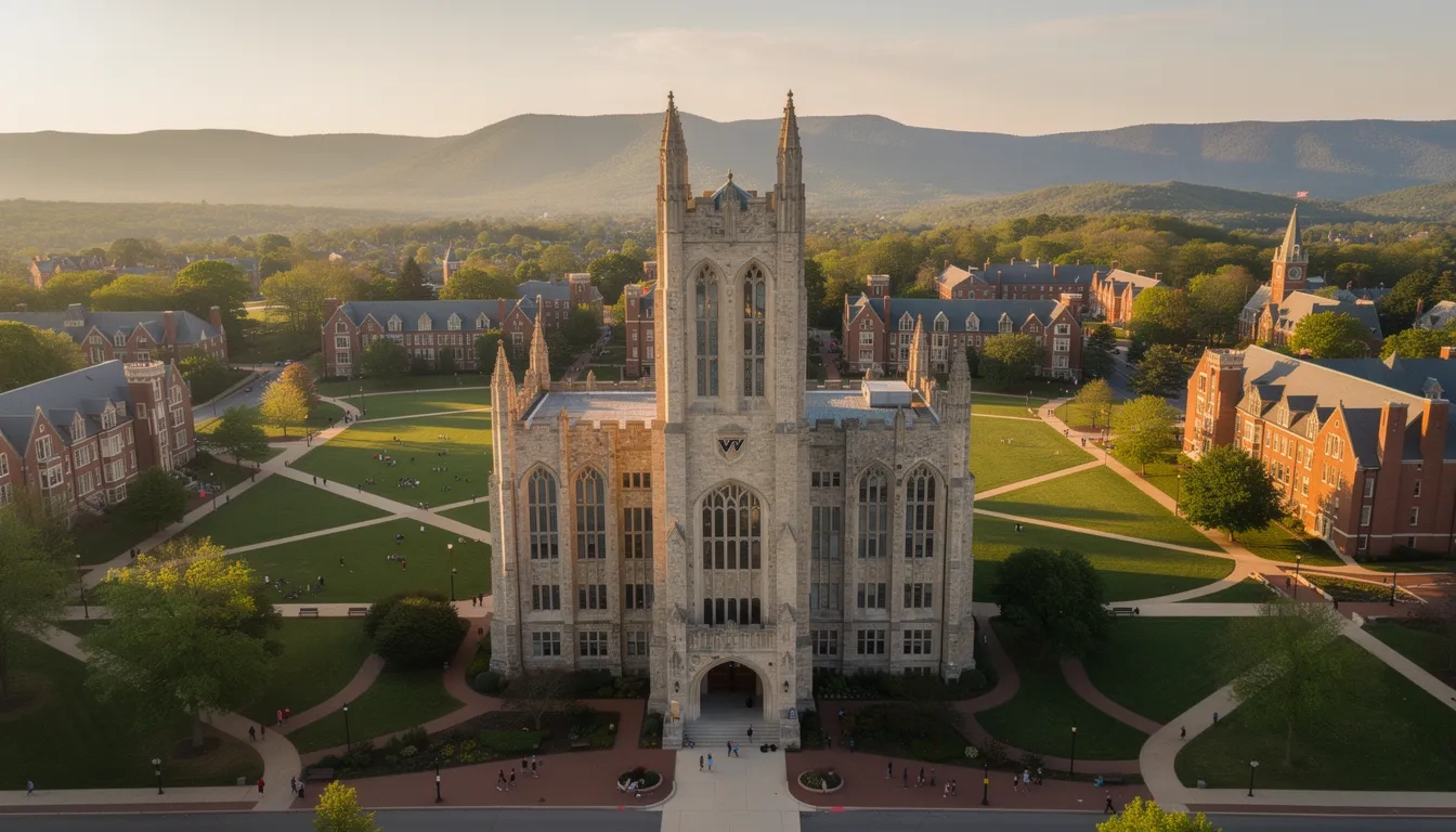 Aerial view of Virginia Tech's Blacksburg campus with Burruss Hall in the foreground