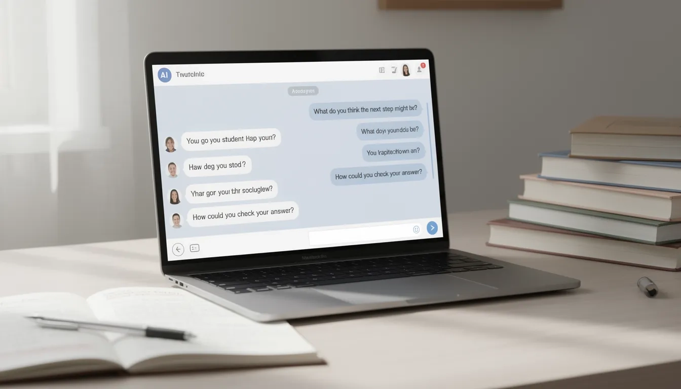 AI tutoring platform interface showing a Socratic dialogue between a student and an AI tutor on a laptop screen