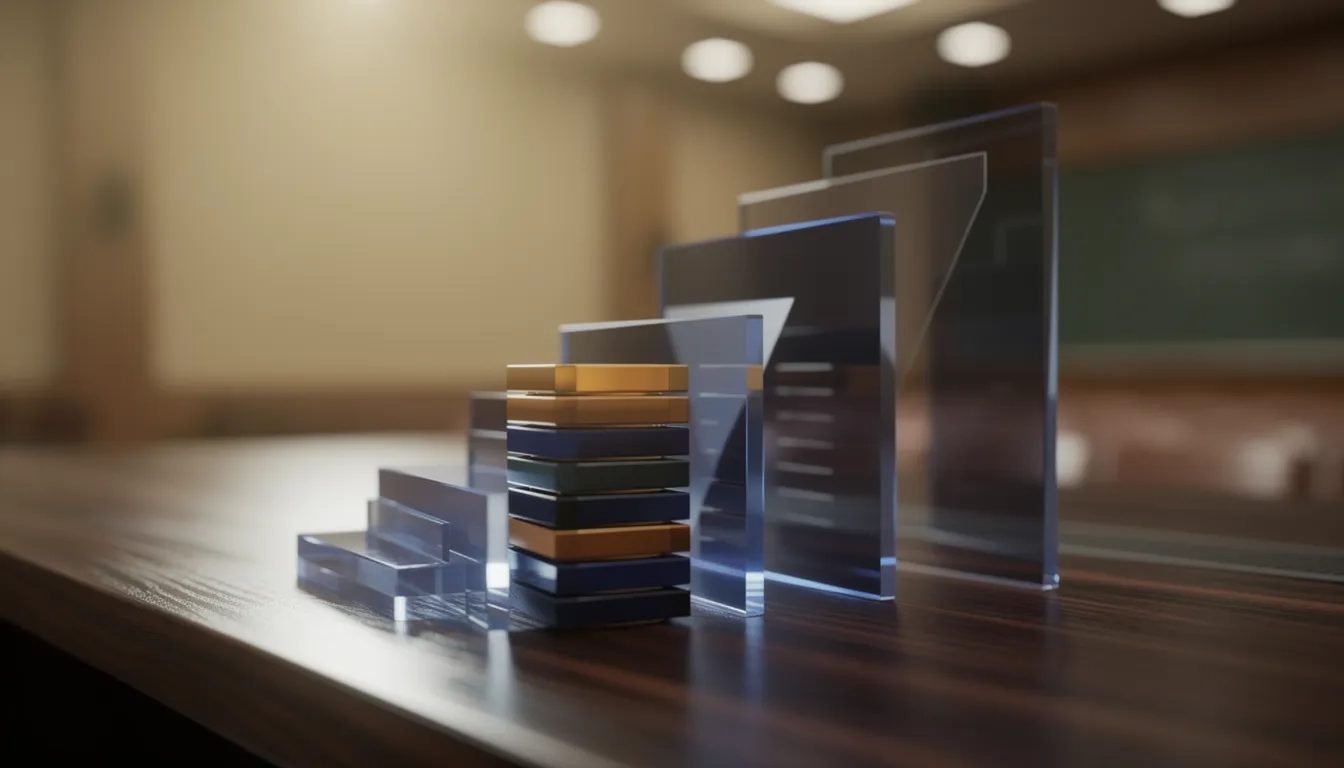 Stacked translucent certificate plaques arranged in an ascending staircase, symbolizing modular micro-credentials layered atop traditional education