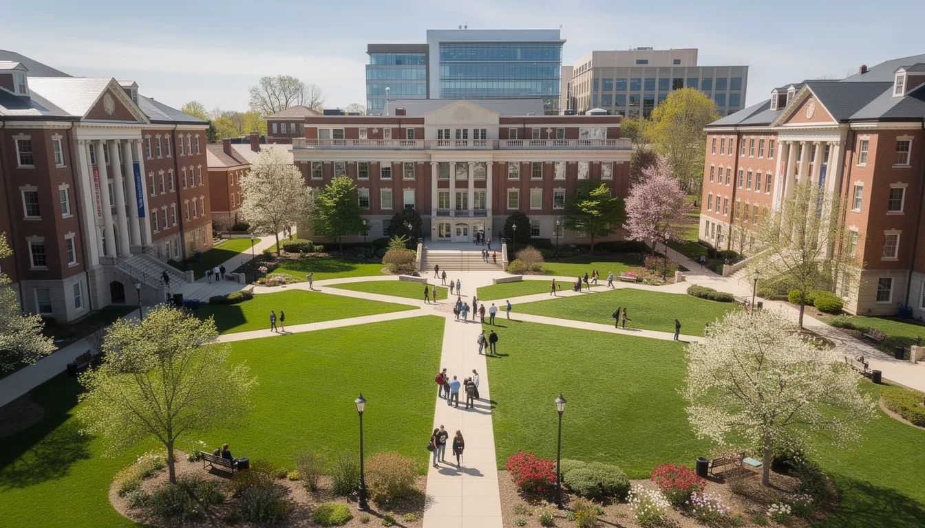 University campus with students walking across a green quad