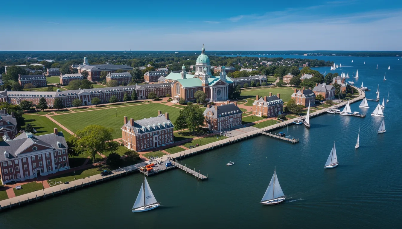 Aerial view of the United States Naval Academy campus in Annapolis, Maryland