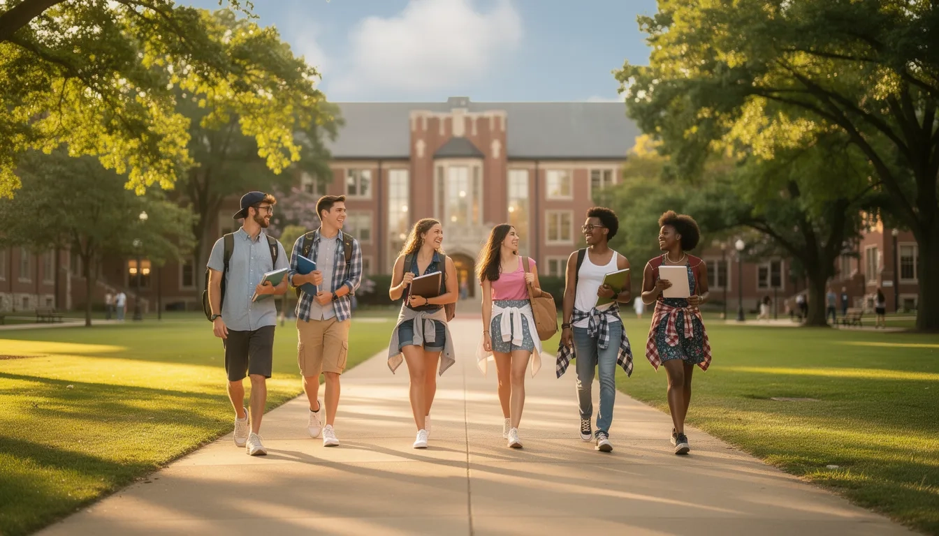 High school students walking across a university campus during a summer program