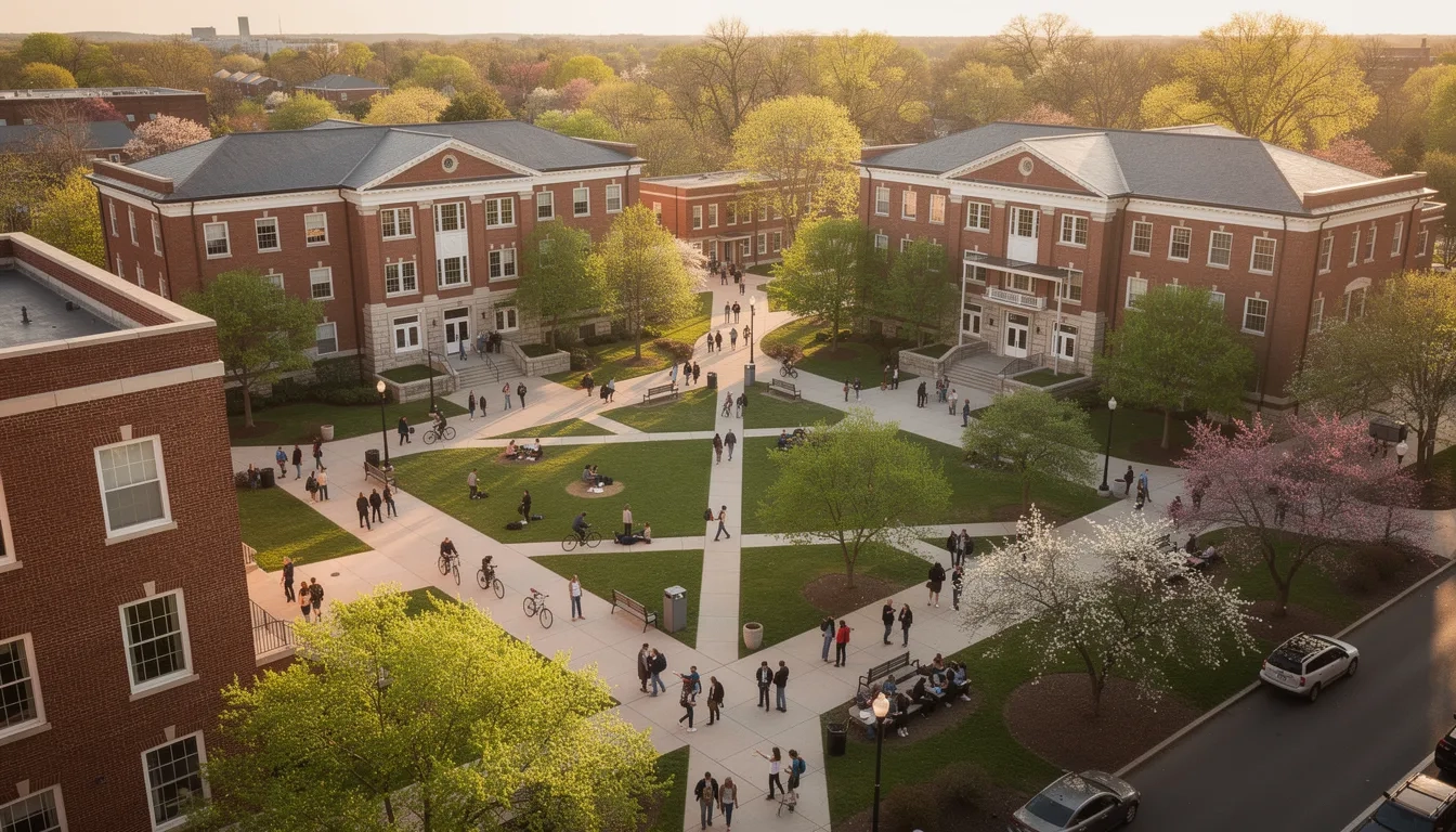 Aerial view of a busy university campus quad in spring 2026