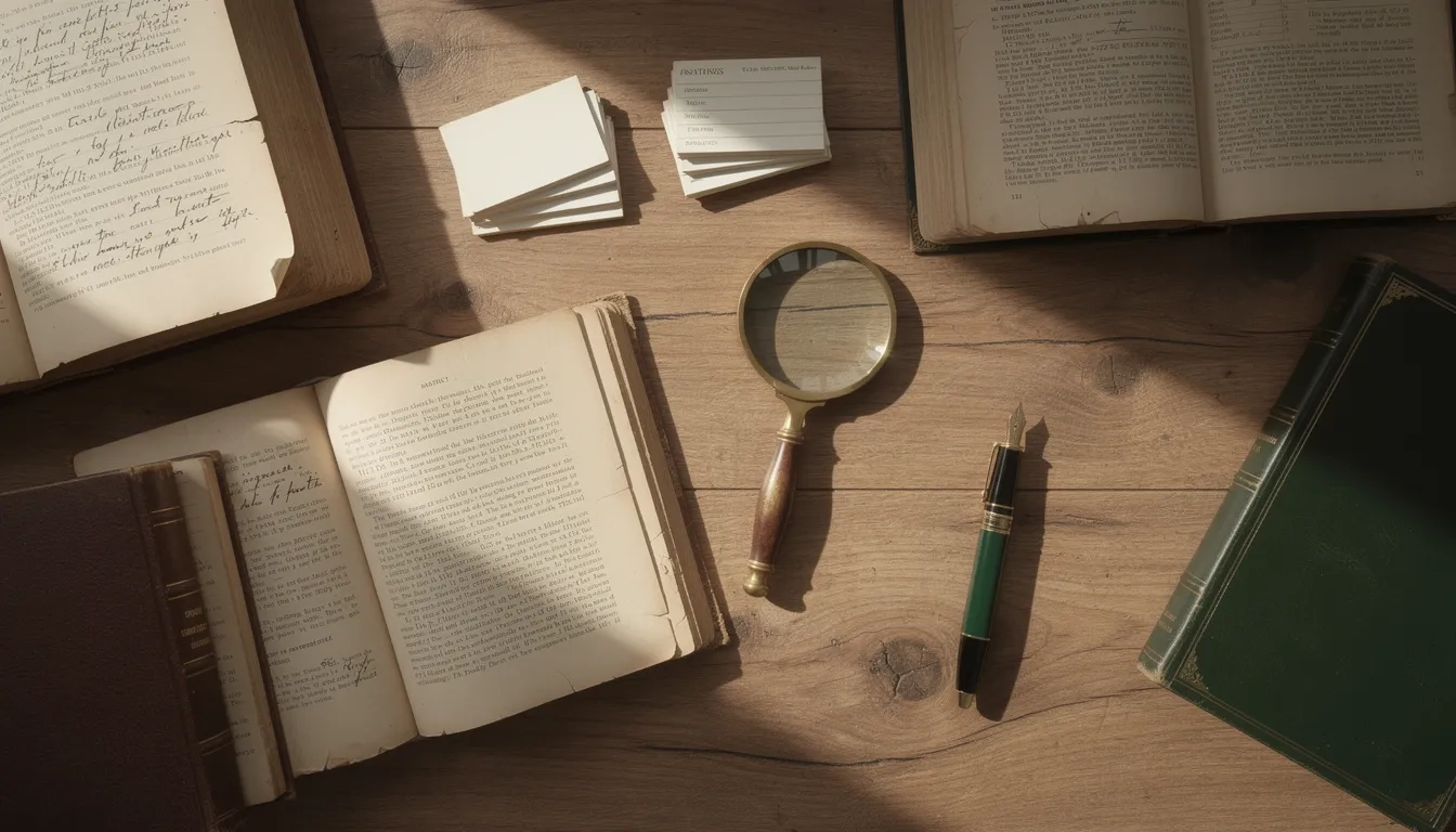 Organized desk of research papers and books representing academic citation management