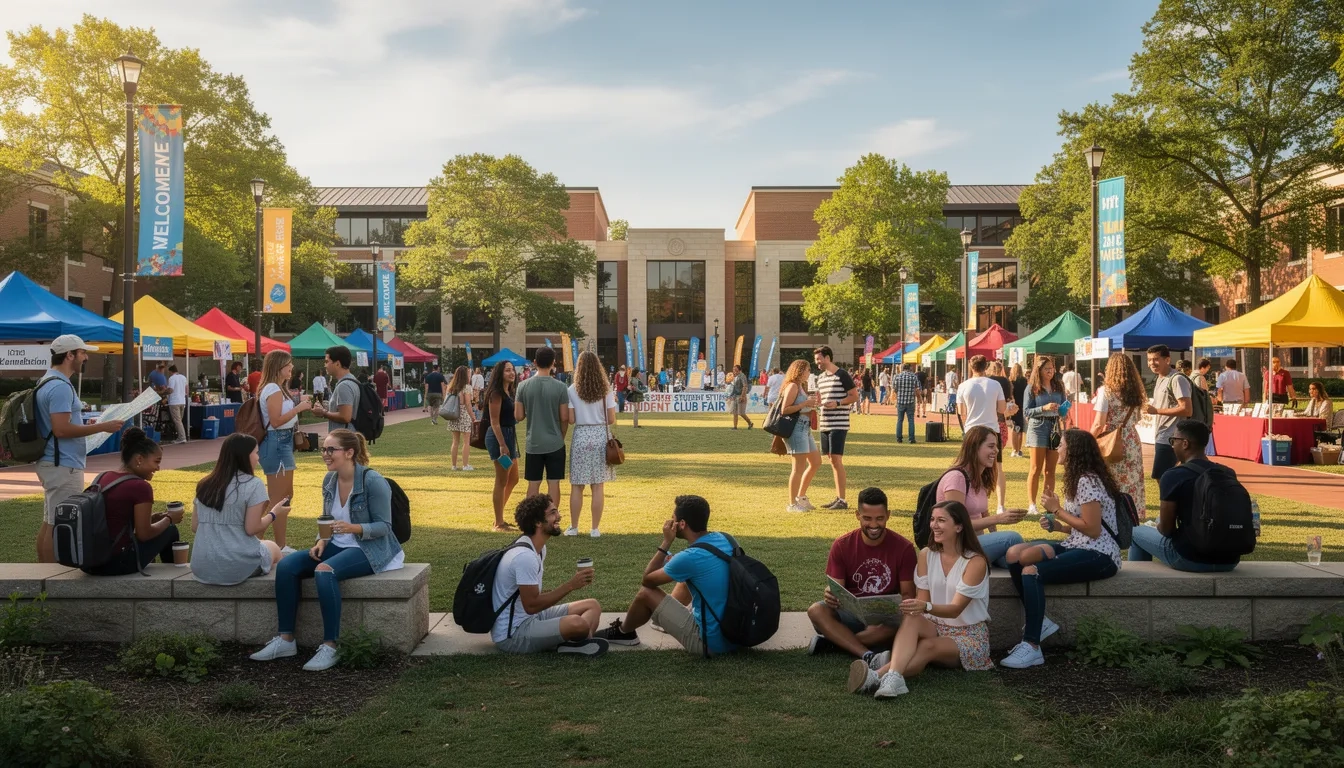 Students gathered on a college campus quad during welcome week