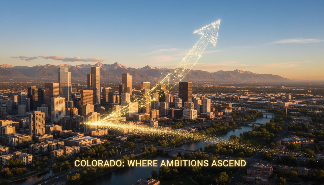 Denver skyline with Rocky Mountains at golden hour