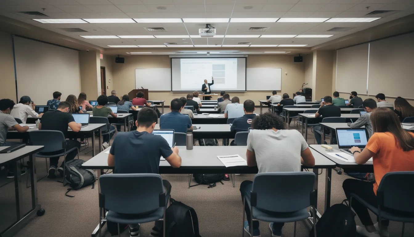 Students in a university lecture hall taking an exam under fluorescent lighting