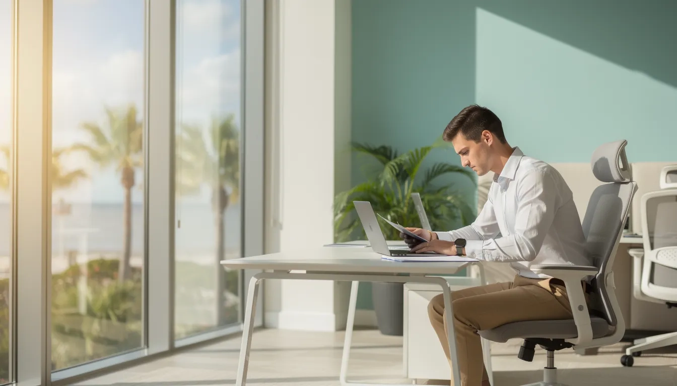 Young Florida graduate reviewing a job offer at a modern office