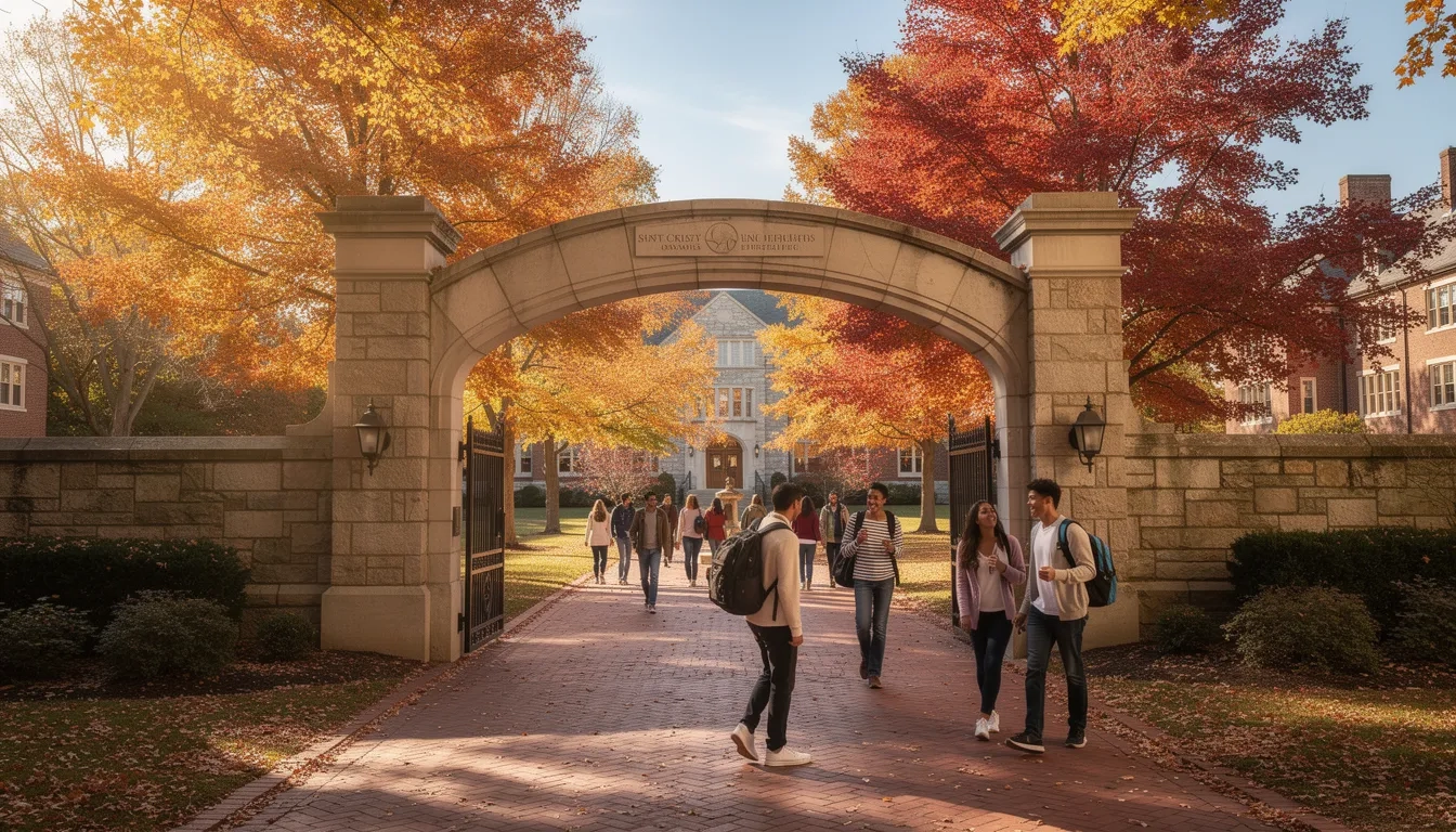 Stone archway entrance to a small private college campus in autumn
