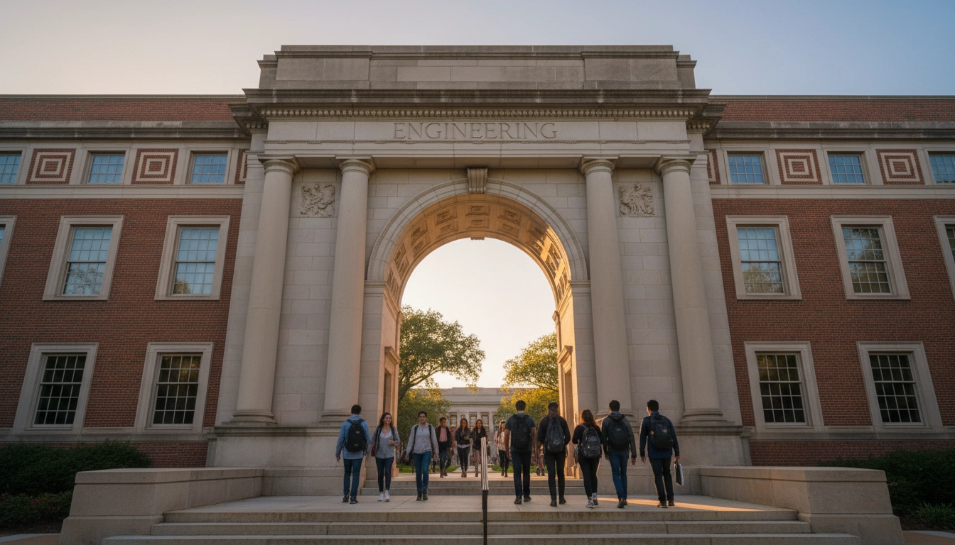 Students entering a university engineering building