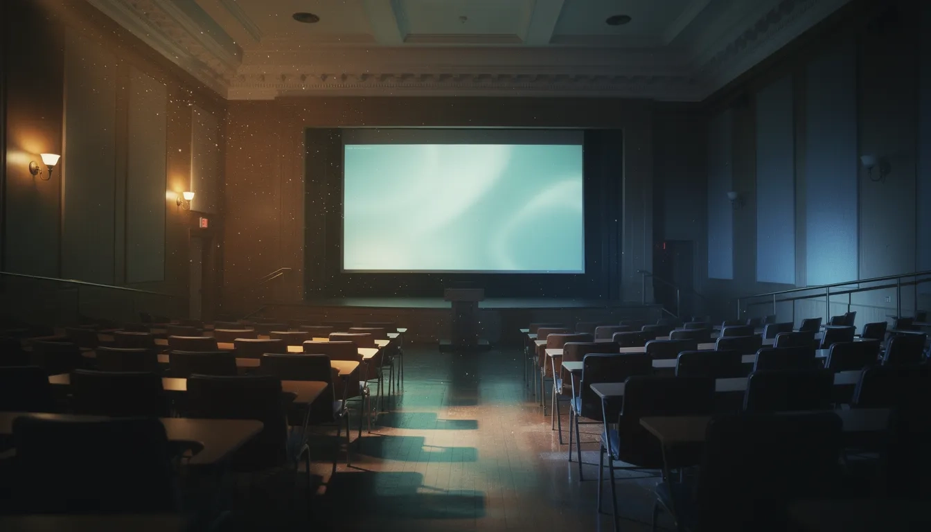 Empty lecture hall lit by both warm ambient light and a glowing projection screen