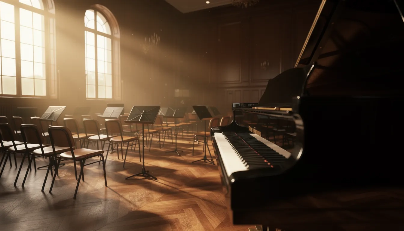 Empty grand music conservatory hall with piano and music stands bathed in golden light