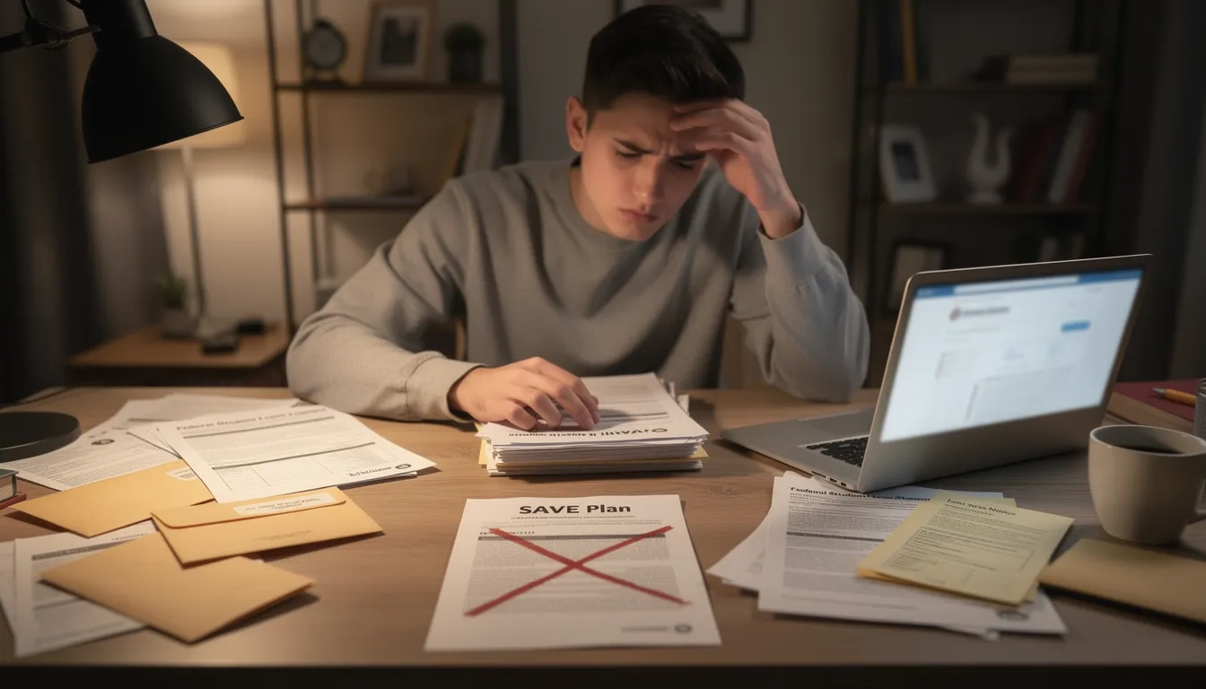 A student sitting at a desk surrounded by loan documents, looking worried, with a large red X over a document labeled SAVE Plan