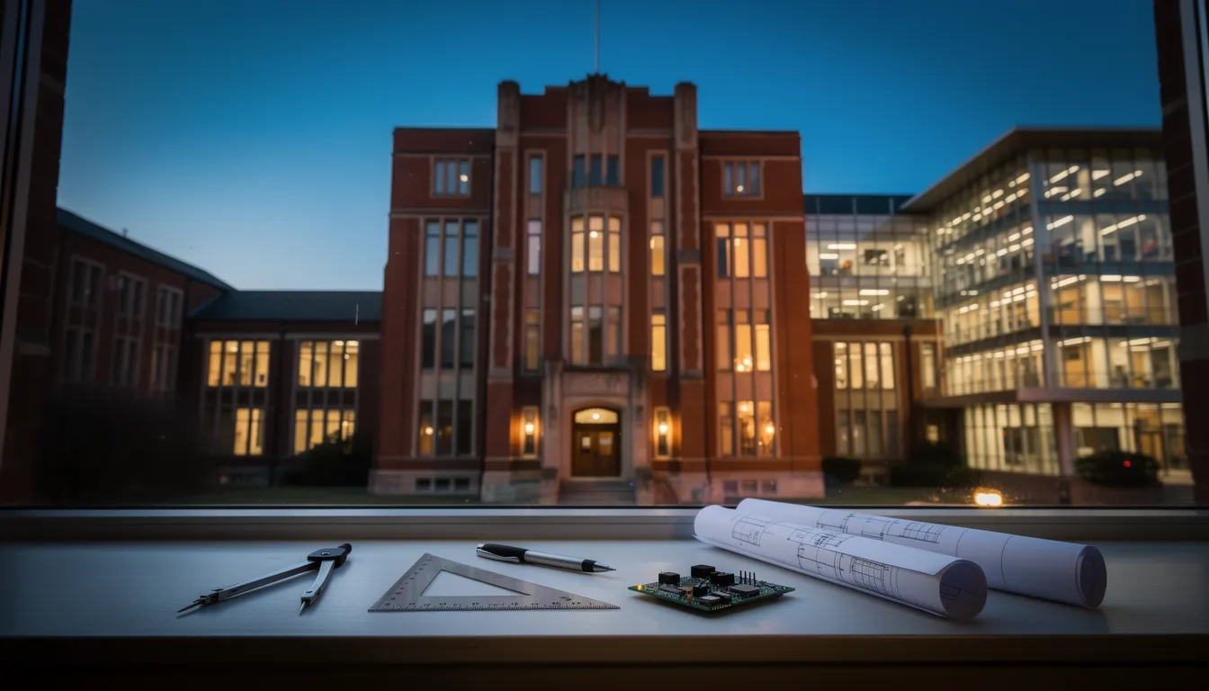 Engineering university campus building at dusk with drafting tools in the foreground