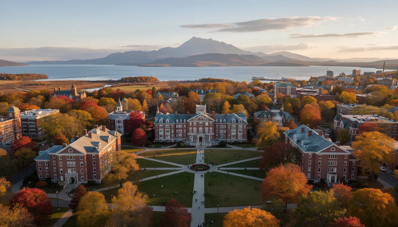 Aerial view of UVM campus with Lake Champlain in the background