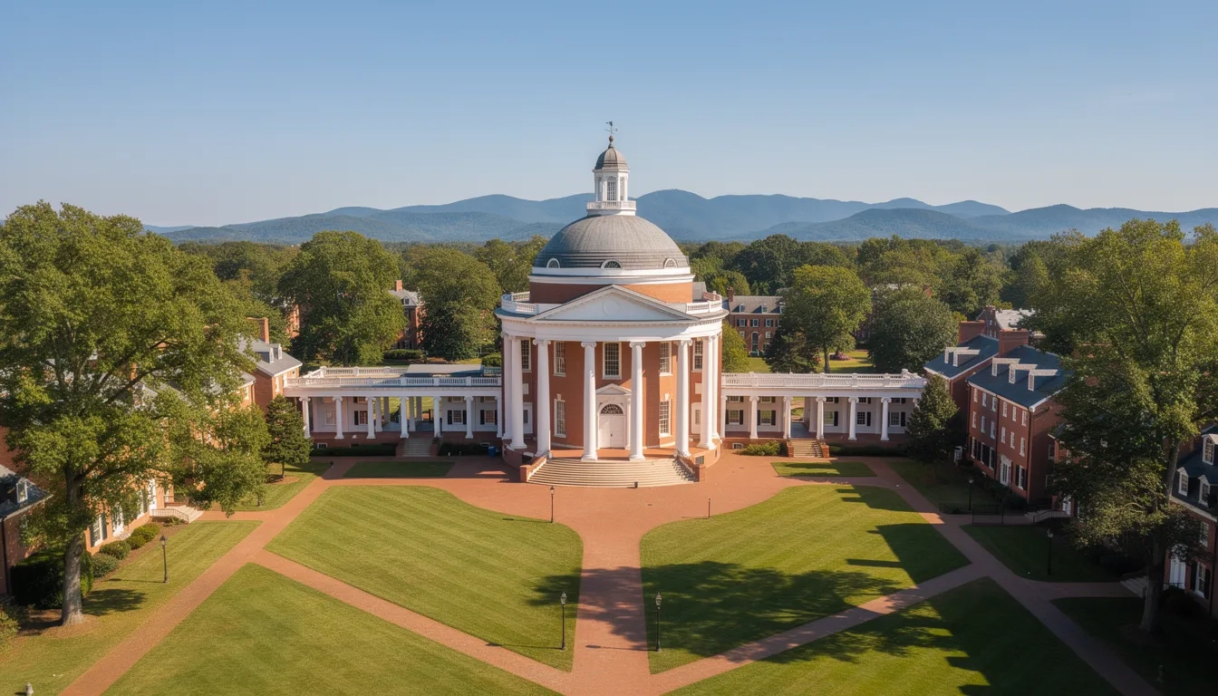 Aerial view of the University of Virginia Rotunda and the Lawn