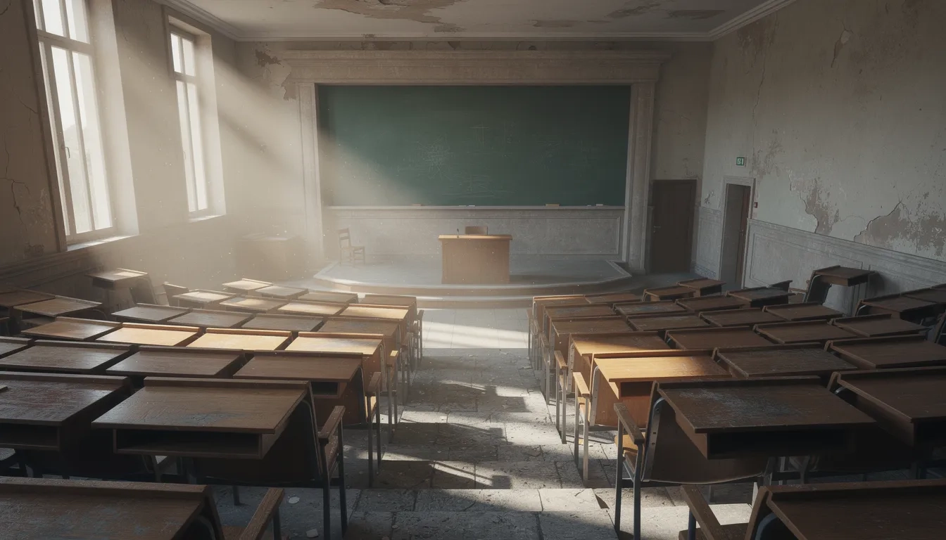 Empty university lecture hall with light streaming through tall windows