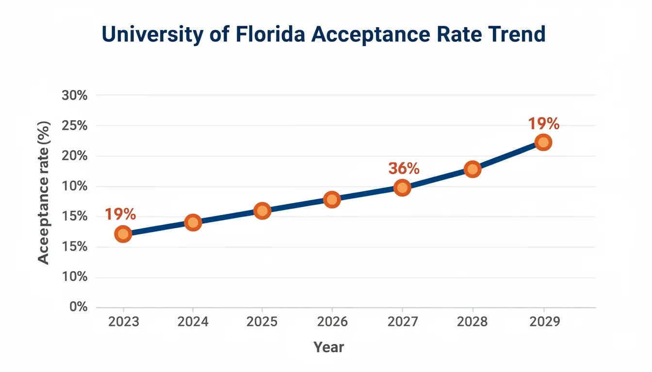 Chart showing University of Florida acceptance rate decline from 30% to 19% between 2023 and 2029