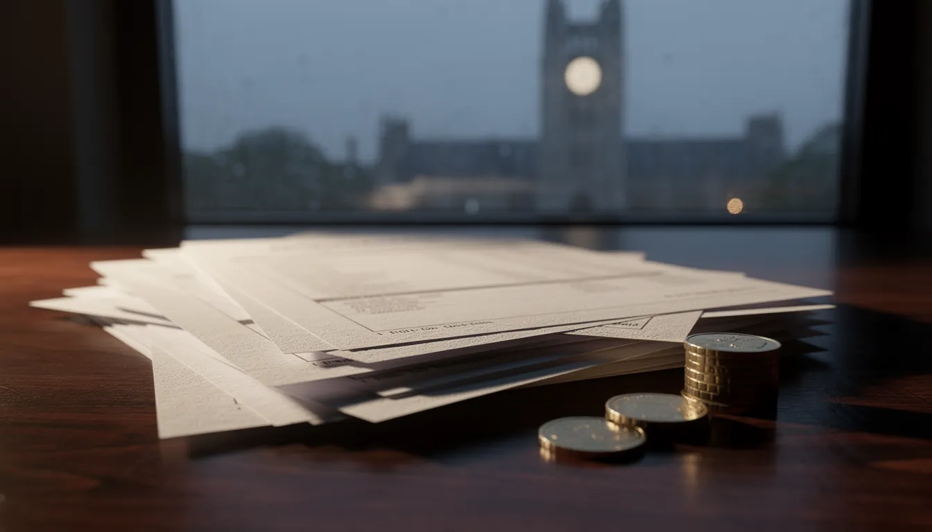 Stack of itemized billing documents on a desk with a university building visible in the background, symbolizing hidden college fees